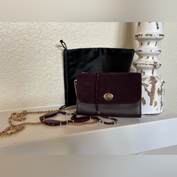 Coach Burgundy Clutch / Crossbody Bag / Purse. Garnet Necklace / Black Duster - Picture 2 of 16